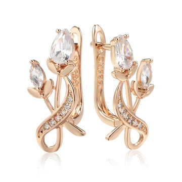 Delightful Rose Flower 14K Rolled Rose Gold AAA Zircon Diamonds Drop Luxury Earrings - Bridal Fine Jewellery